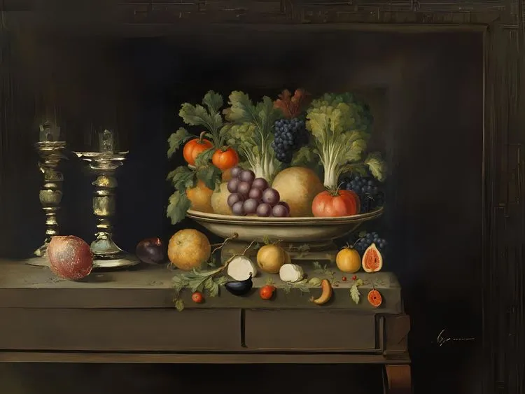 Een ouderwetse style schilderij met allerlei fruit en groene