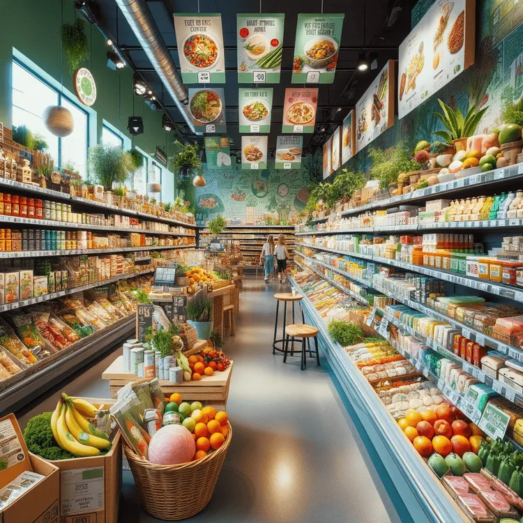 Een kleurrijke supermarkt vol met vegan producten