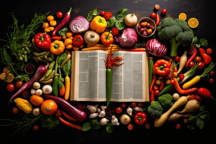 Een open kookboek omringd door groentes