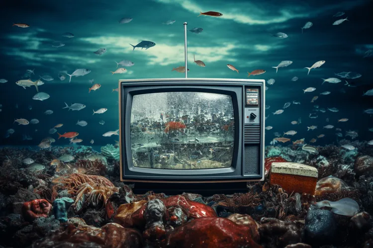 Een ouderwetse tv onderwater omringd door vissen en zwerfafval