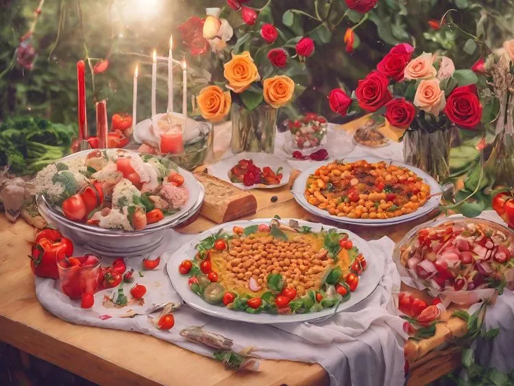 Een tafel getekend vol met allerlei borden met plantaardig eten, kaarsen en op de achtergrond bloemen