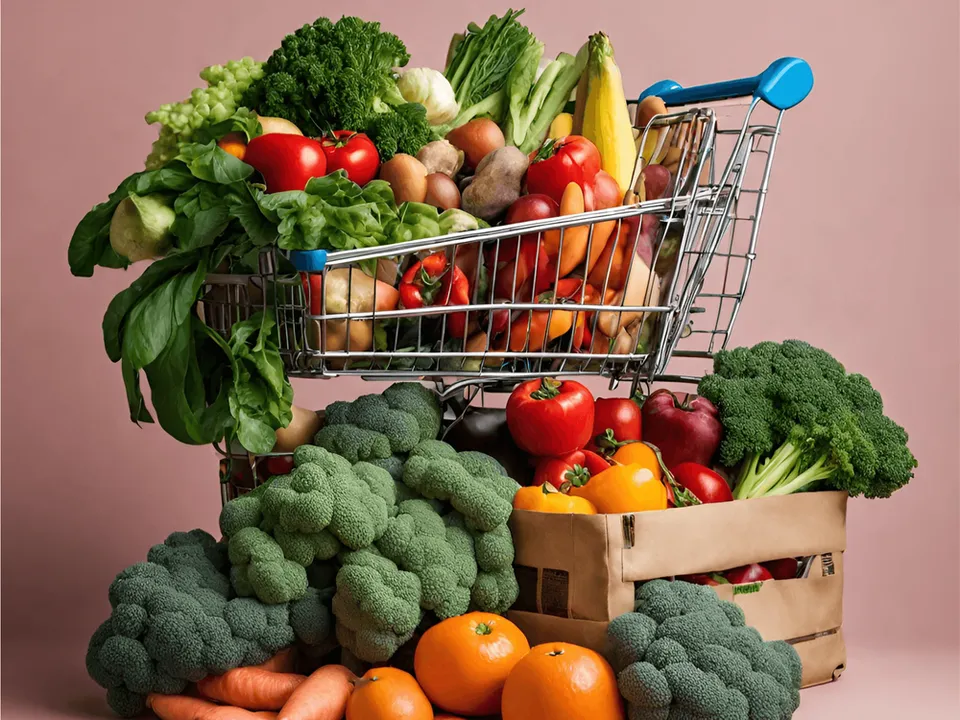 Een winkelwagen en krat vol groenten en fruit